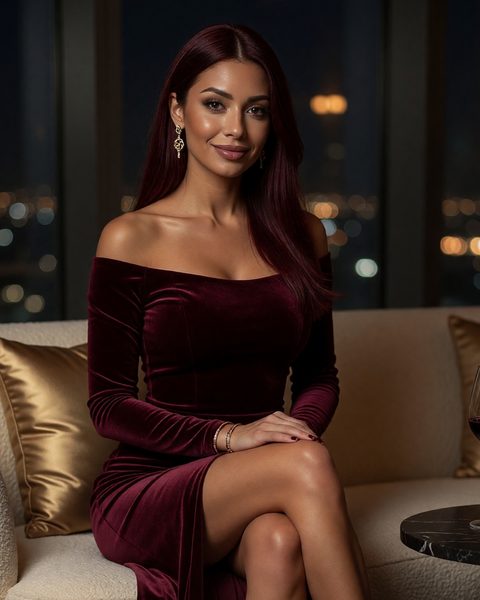 Lilith, a woman with burgundy hair in a burgundy velvet gown in a penthouse at night