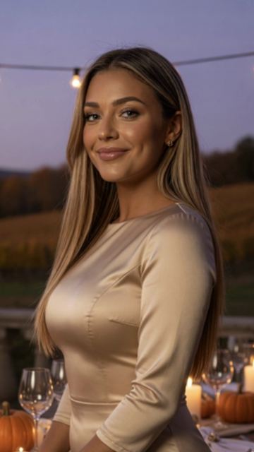 Champagne satin, candlelight, and an autumn vineyard at dusk.