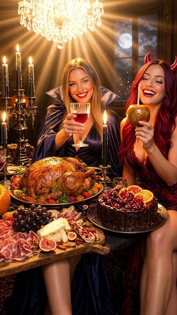 The witch casts a spell, the candles flare, and Lineth's wine glass bursts into flame.