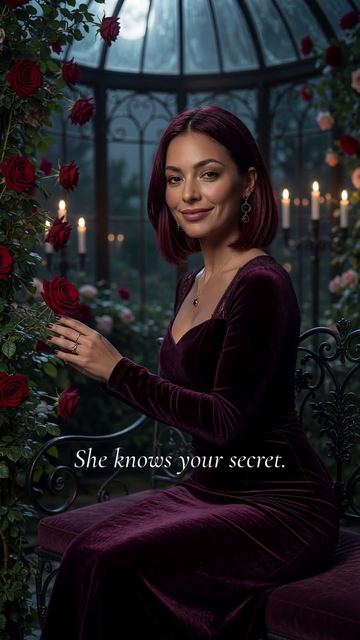 Plum velvet, red roses, and a moonlit glass conservatory at midnight.