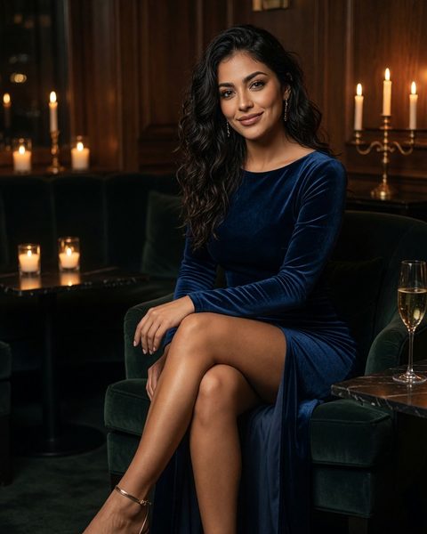 Xiomara, a woman with long dark-brown waves in a navy velvet gown in a candlelit lounge